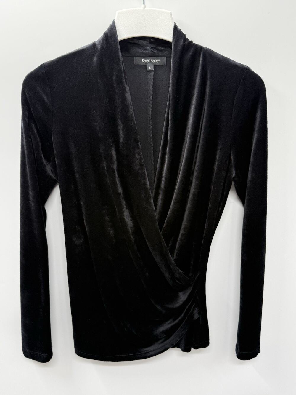 Karen Kane Black Velvet Surplice Top Womens Large Draped Long Sleeve Stretch